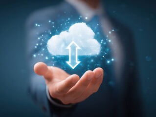Cloud Computing and Data Transfer Technology. Businessman holding a cloud icon with upload and download arrows, symbolizing cloud computing, data transfer, and digital connectivity