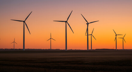 Fototapeta premium Stunning Horizon View of Wind Turbines at Sunset with a Warm Glow Illuminating a Rural Landscape Focused on Renewable Energy