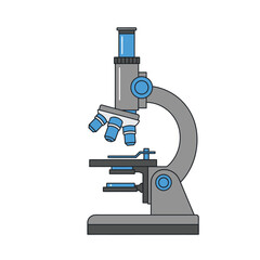 An isolated illustration of a grey and blue compound light microscope for scientific study and research.