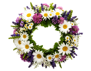 A vibrant floral crown featuring white daisies, purple lavender, and pink flowers, isolated on transparent background.