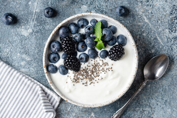 Greek yogurt Bowl topped with berries and chia seeds, healthy diet food