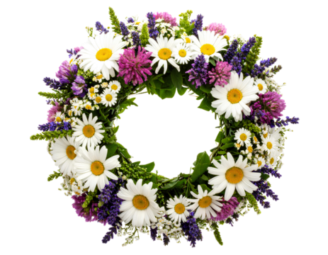 A vibrant floral crown featuring white daisies, purple lavender, and pink flowers, isolated on transparent background.