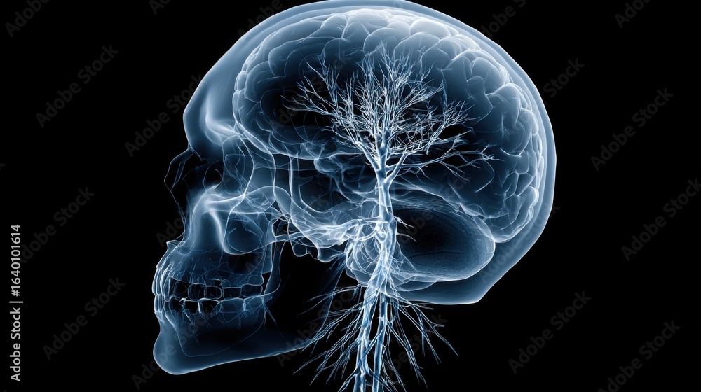 Poster a skull with a tree growing out of it. the skull is surrounded by a dark background. concept of myst