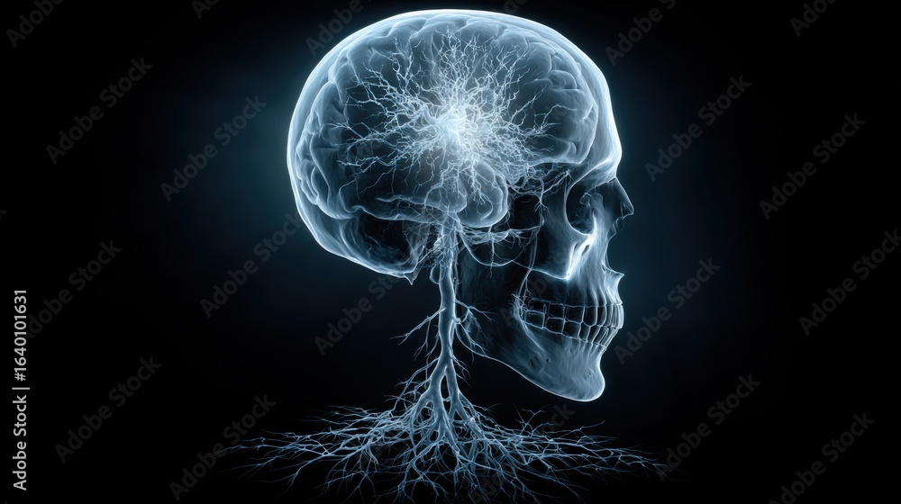 Poster a skull with a brain stem and roots coming out of it. the skull is surrounded by a dark background