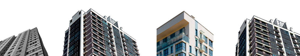 Fototapeta premium Modern apartment building with glass facade and balconies. Tall high rise residential tower in sunny