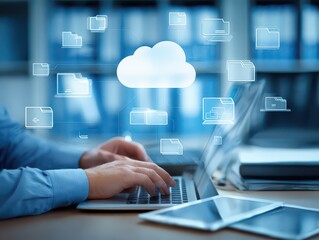 Cloud computing data transfer and secure storage system in business environment with man managing files on laptop and tablet for digital workflow and privacy protection across internet platforms