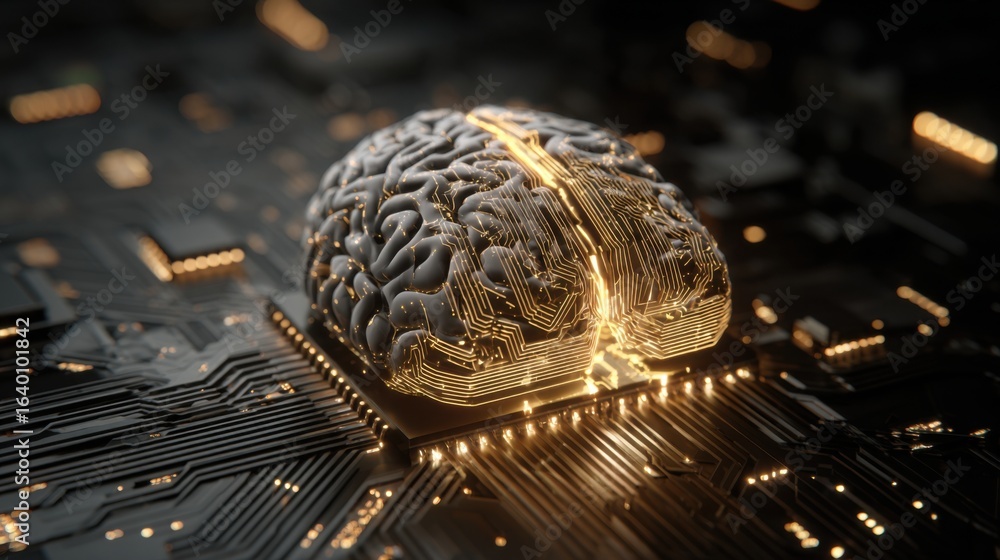 Poster a computer chip with a brain on it. the brain is glowing and the chip is black. concept of technolog