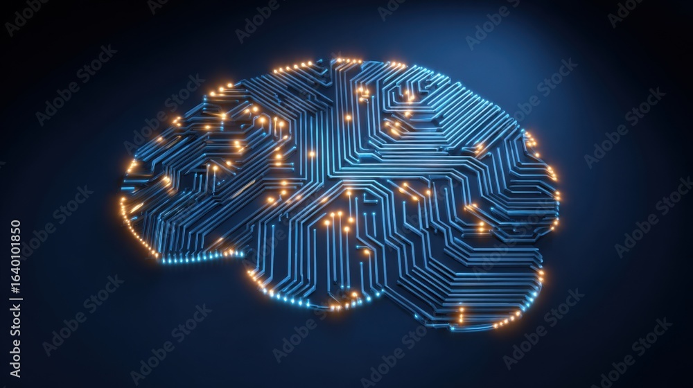 Poster a brain made of wires and circuits. the brain is blue and orange. the brain is a representation of a