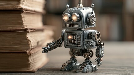 Curious vintage robot with glowing eyes stands beside a stack of aged books, exploring the world of knowledge and innovation with a whimsical charm.