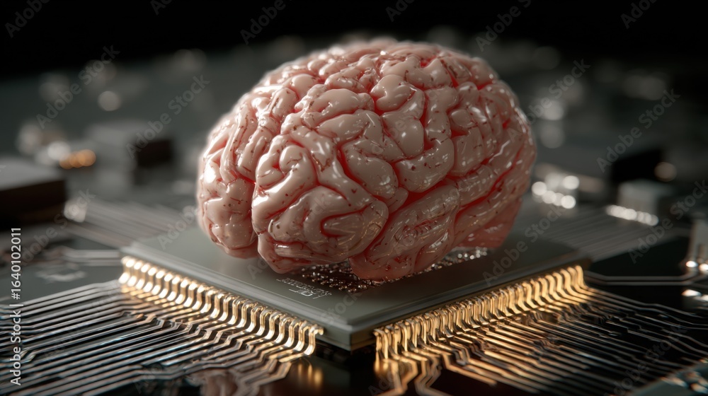 Poster A computer chip with a brain on top of it. The brain is red and white. The computer chip is black and silver