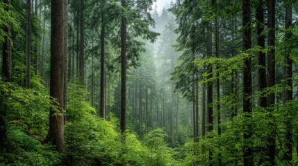 Obraz premium A forest with trees and bushes. The trees are green and the bushes are green. The forest is very lush and full of life