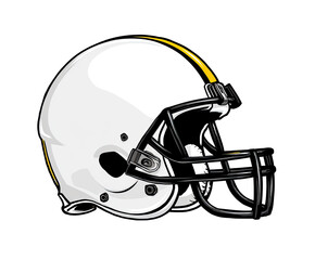 Fototapeta premium Profile view of a white football helmet with a yellow stripe. The helmet has a black facemask