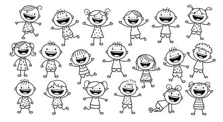 Vector art of group of happy stick figure kids isolated on white background, vector illustration