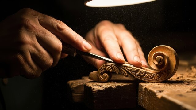 A craftsman carefully carves a detailed design into the scroll of a violin.