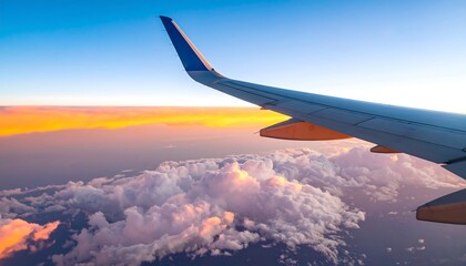Obraz premium Airplane wing over colorful clouds at sunset (1)