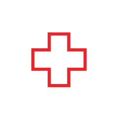 Obraz premium Red outline of a plus sign symbol centered on a white background, representing health, medical, or first aid.