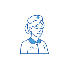 Smiling female nurse in uniform, cap, and cross emblem.