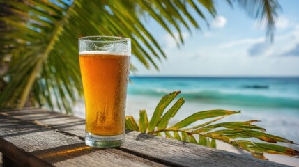 A glass of beer is sitting on a wooden table by the ocean. The glass is half full and the ocean is visible in the background. The scene conveys a relaxed and leisurely atmosphere