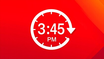 White clock icon showing 3:45 PM on a red background.