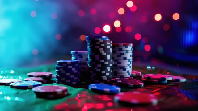 A pile of colorful casino poker chips on a gambling table, suggesting high stakes and a night of gaming.