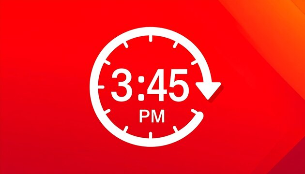 White clock icon showing 3:45 PM on a red background.