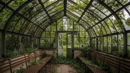 The interior of an old, abandoned greenhouse, overgrown with vines and with broken glass panes.