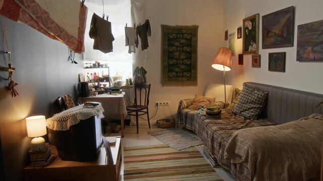 No people shot of interior of cozy, slightly cluttered room with retro television, laundry drying by window, and kitchen table with appliances