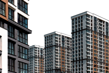 Modern highrise condominium complex in developing metropolitan district. Tall multistorey
