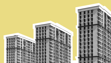 Modern highrise multi story building with concrete facade and balconies in developing urban