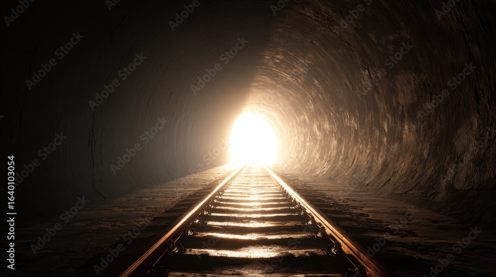 Poster a tunnel with a train track leading through it. the tunnel is dark and the light shining through the