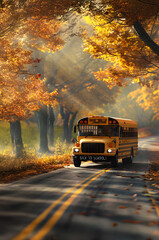 Yellow school bus on the road in the autumn countryside and sunset in the background. Back to School and education concept.