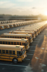 Endless rows of classical yellow school buses on the parking lot in the late summer morning. Bact to school transportation concept.