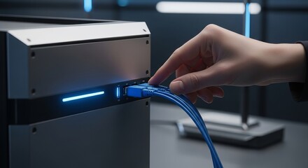 Human Hand Connecting Blue Ethernet Cable to Modern Network Server in Data Center
