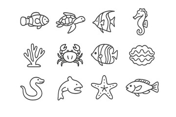 Obraz premium Collection of marine life icons featuring fish, coral, and sea animals
