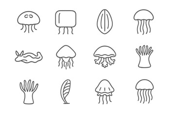 Abstract jellyfish and sea creatures black and white icon set