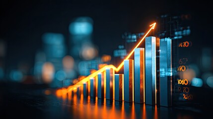 Dynamic financial graph showcasing upward trend with glowing orange line and futuristic cityscape background, representing growth and success in business