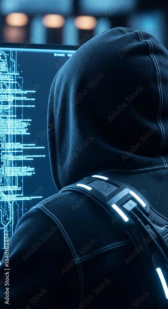 Poster dark hooded figure viewing computer screen displaying blue code, representing mystery, cybersecurity