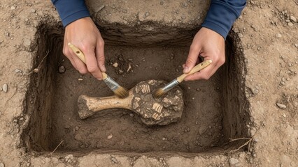 Naklejka premium Hands of an archaeologist brushing dirt from a find.