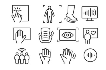 Set of minimalistic icons representing various human interactions and technology