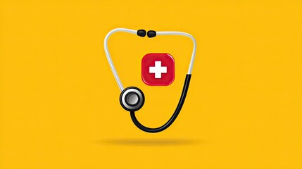 Iconic stethoscope with a bright red cross symbolizing health and care against a vibrant yellow backdrop, perfect for medical and wellness themes.