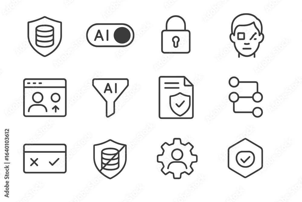 Poster ai and security icons set on dark background for tech applications