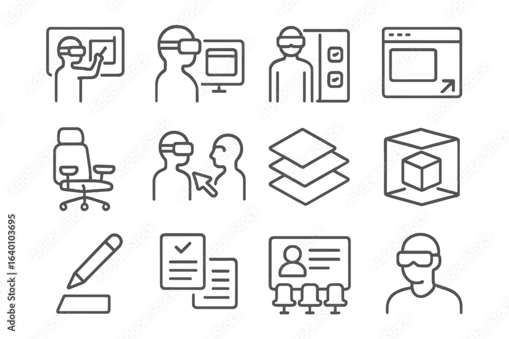 Poster virtual reality icons set featuring technology and user interaction designs