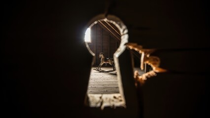 View through a keyhole of a rocking horse in an attic.
