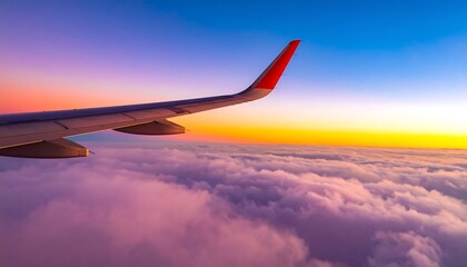 Obraz premium Airplane wing over vibrant sunset clouds