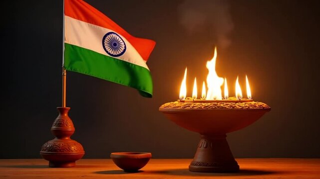 Indian flag on stand next to lit diya lamp and small bowl against a dark background