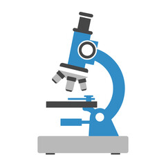 A flat design vector illustration of a blue laboratory microscope for scientific research, isolated on a white background.