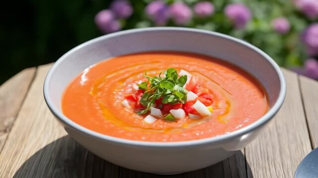 Gazpacho in a Bowl Outdoors on Sunny Day