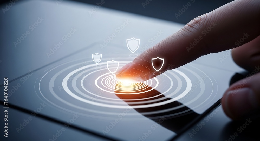 Poster digital security concept finger touching screen with shield icons illustrating advanced cyber protec