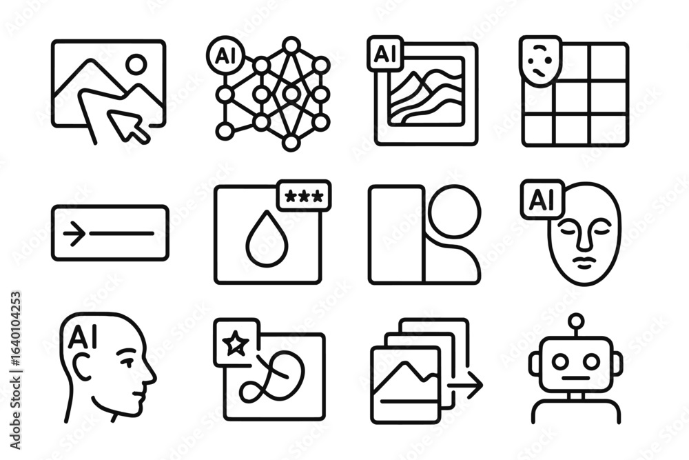 Poster ai interfaces and neural network icons on dark background