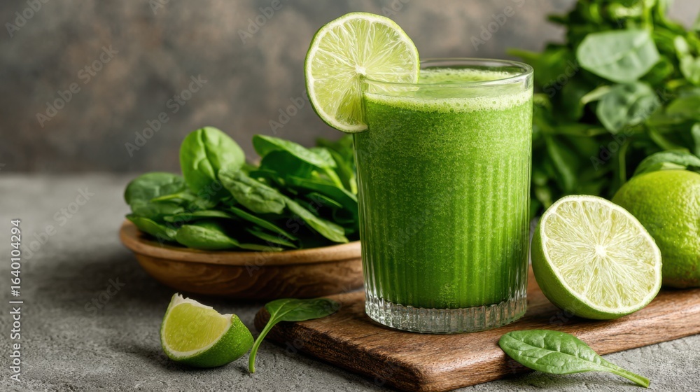 Aufkleber a glass of green juice with a lime slice on top. the juice is made from spinach and is served in a g